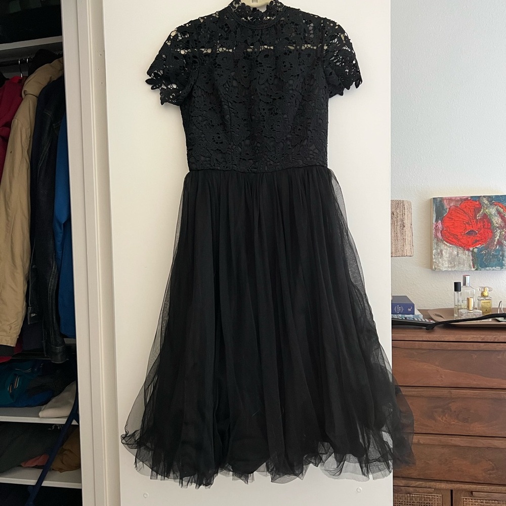 Chi chi London Black Lace and Tulle Dress
